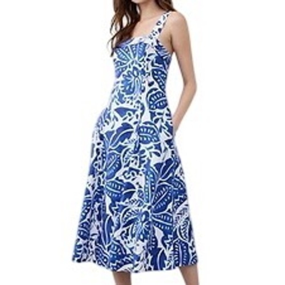 Banana Republic Women's Poplin Cross Back Midi Sun Dress Blue Floral Sz 4 Petite